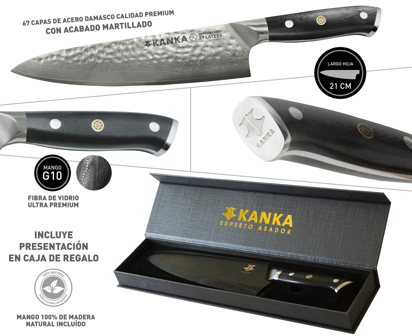 CUCHILLO ACERO DAMASCO (MARTILLADO) - KANKA.cl