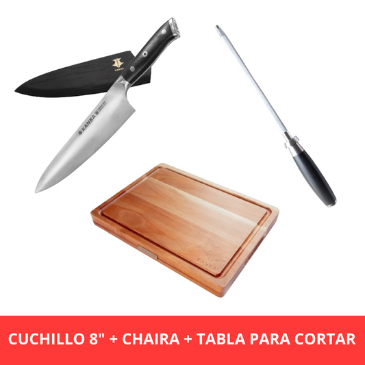CUCHILLO ALEMÁN 8" + CHAIRA MANGO G10 + TABLA REVERSIBLE