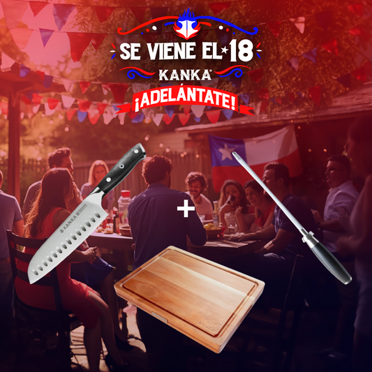 CUCHILLO SANTOKU ALEMÁN + CHAIRA MANGO G10 + TABLA REVERSIBLE