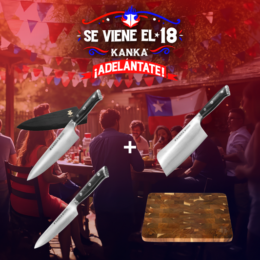 CUCHILLO CHEF 8" ALEMÁN + MULTI USO ALEMÁN + HACHA ALEMÁN + TABLA PARA CORTAR END-GRAIN