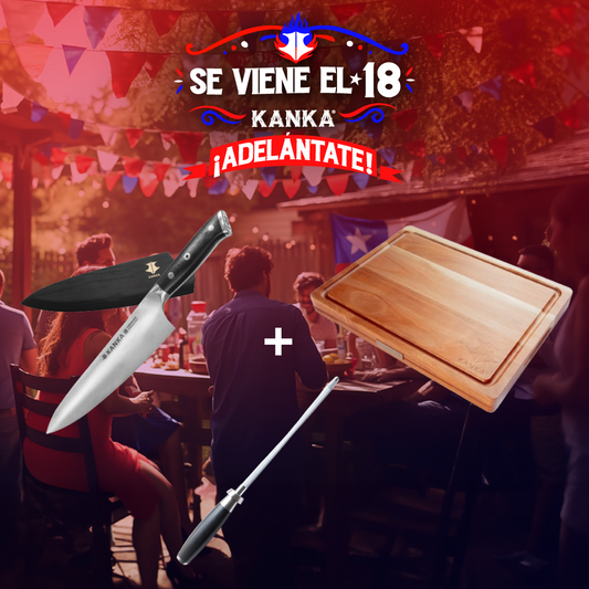 CUCHILLO ALEMÁN 8" + CHAIRA MANGO G10 + TABLA REVERSIBLE