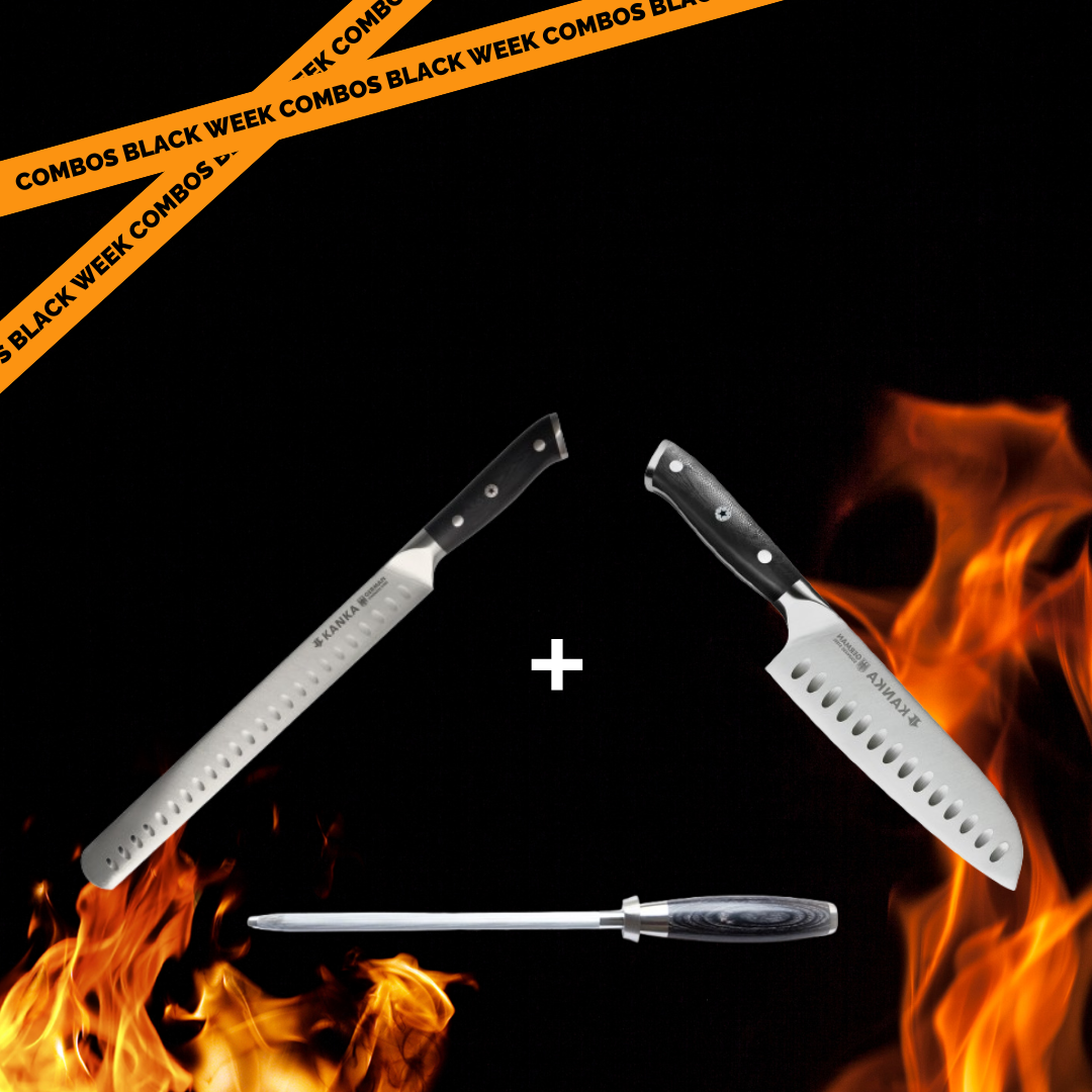 CUCHILLO PARA REBANAR + CUCHILLO SANTOKU + CHAIRA PAKKA