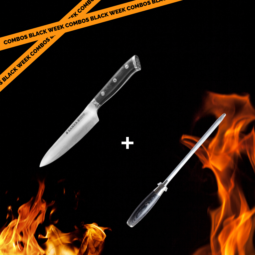 CUCHILLO MULTI USO ACERO ALEMÁN + CHAIRA (MANGO PAKKA)