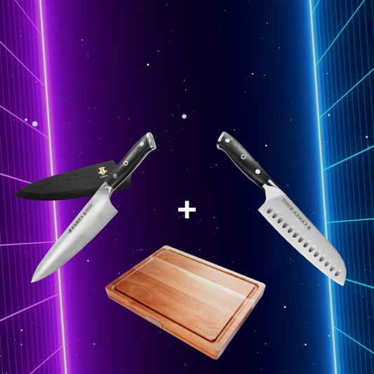 CUCHILLO ALEMÁN 8" + CUCHILLO SANTOKU + TABLA REVERSIBLE ACACIA
