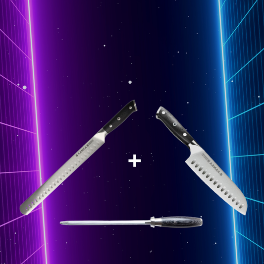 CUCHILLO PARA REBANAR + CUCHILLO SANTOKU + CHAIRA PAKKA