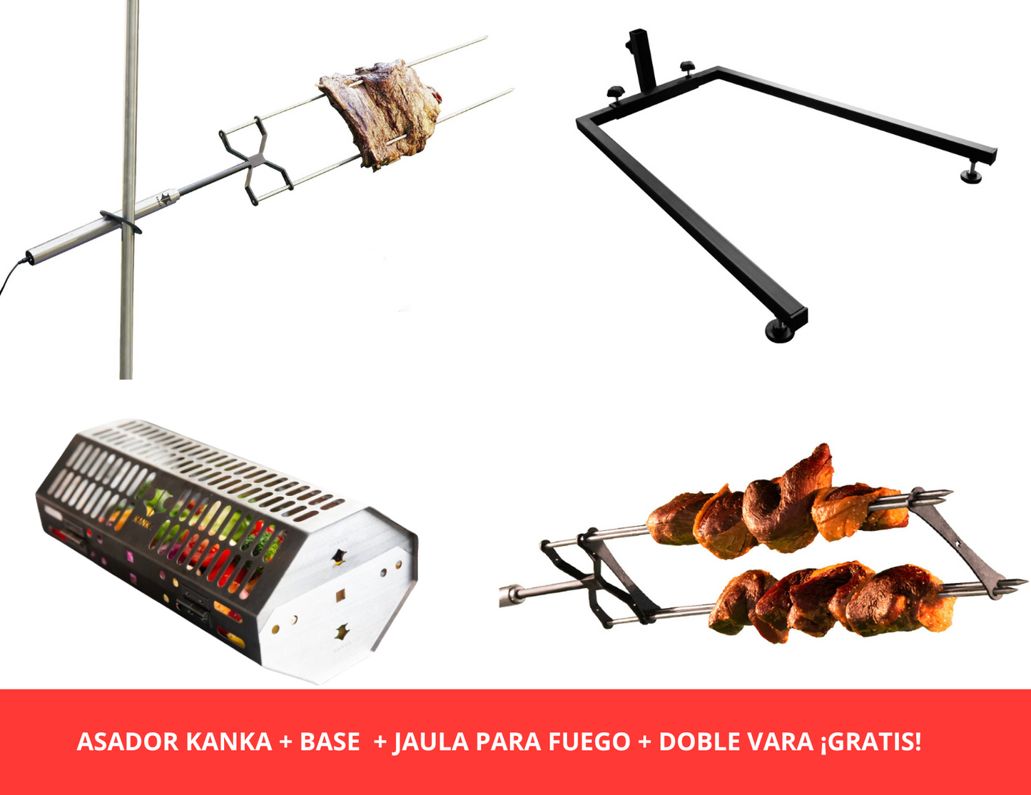 ASADOR + BASE + JAULA PARA FUEGO + DOBLE VARA ¡GRATIS!