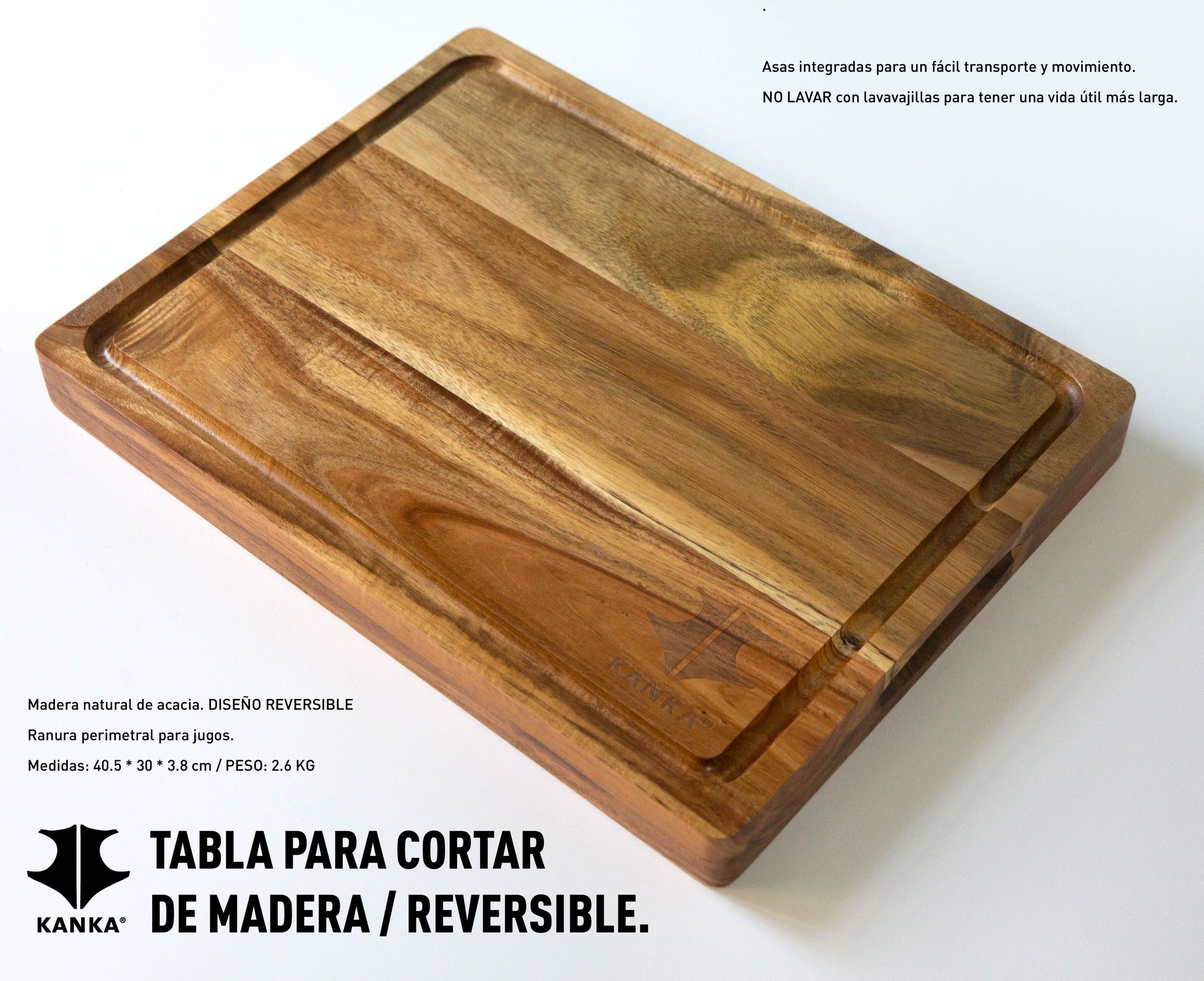 Tabla para cortar de madera Our Table™ con asas de metal