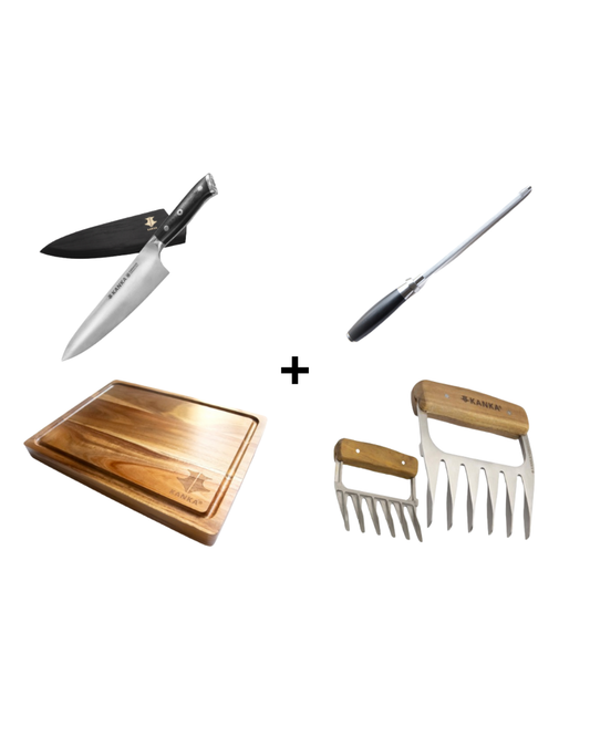 CUCHILLO ALEMÁN CHEF + CHAIRA G10 + TABLA REVERSIBLE ACACIA + GARRAS ¡GRATIS!